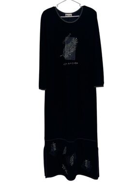 Nina Piccalino Women’s Black with Leaf Print Knit Long Sleeve Maxi Dress Sz-M